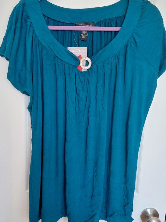 Cable & Gauge Tops - Dark Teal Flowy Blouse with Circle Rhinestone Detail